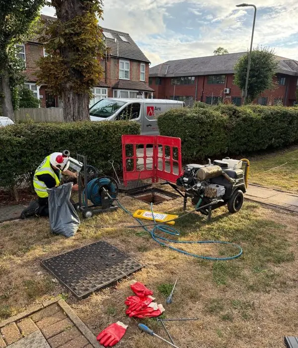 Engineer jetting a blocked drain with barriers in place