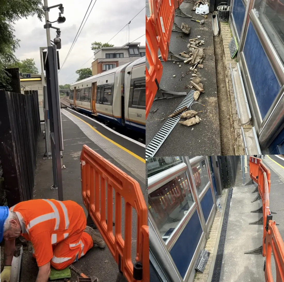 Treaty Drains engineer replacing channel drainage on a railway station platform, with barriers in place